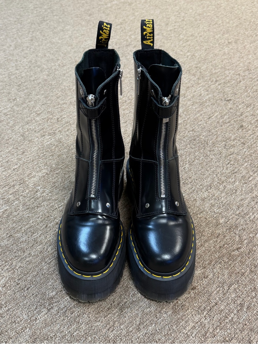 Dr. Martens Black Leather Front-Zip Platform Combat Boots with Yellow Stitching